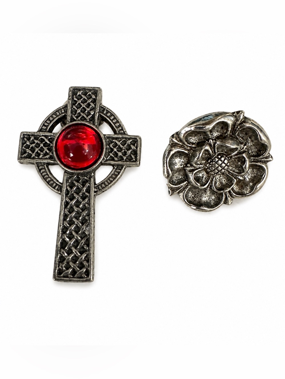 Vintage Silver Tone Celtic Cross & Floral Lapel Pin Brooch Lot